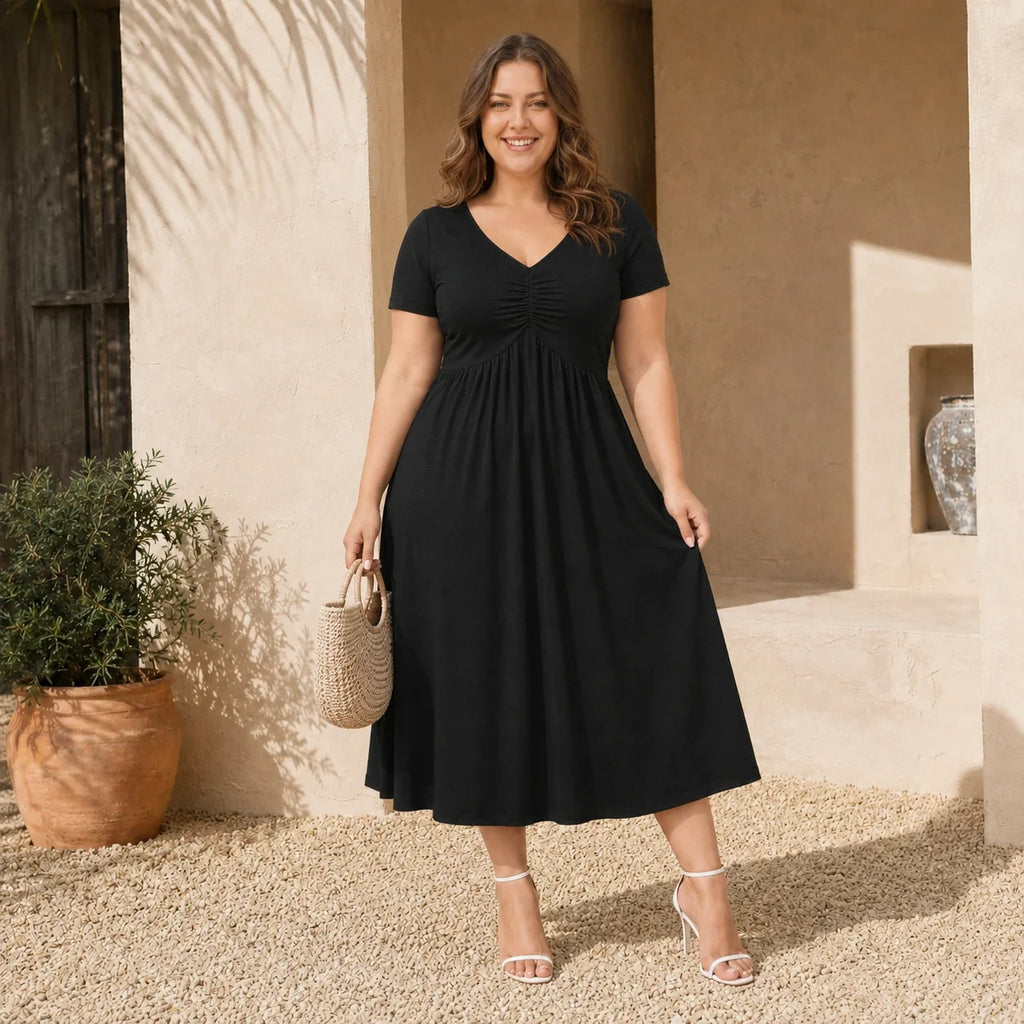 Ruched V-Neck Midi Dress WHD0606398