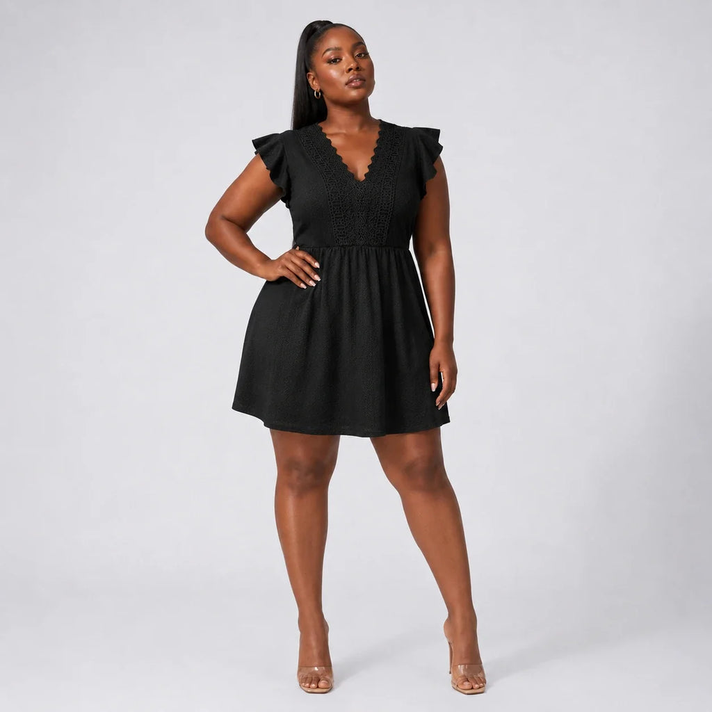 Black Lace Trim Mini Dress WHD0606399