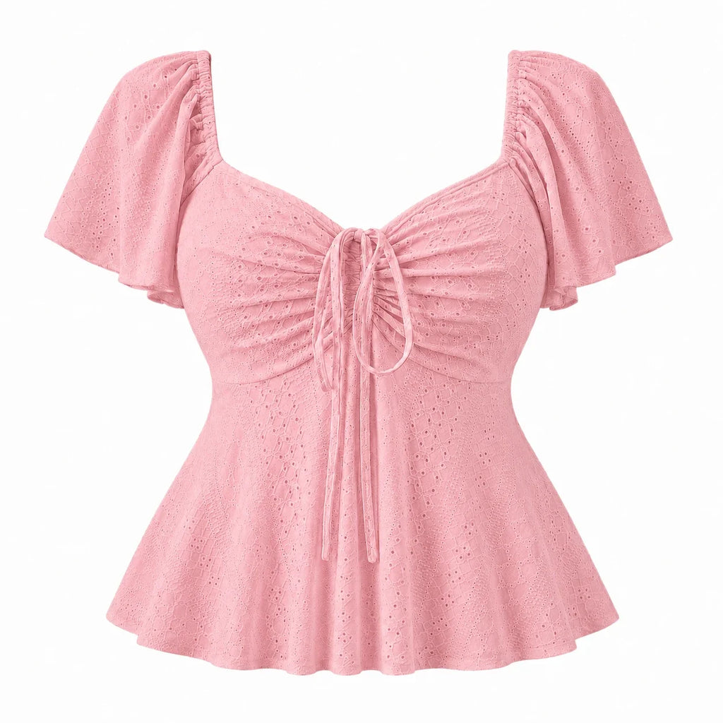 Ruched Eyelet Peplum Top WHD0606412