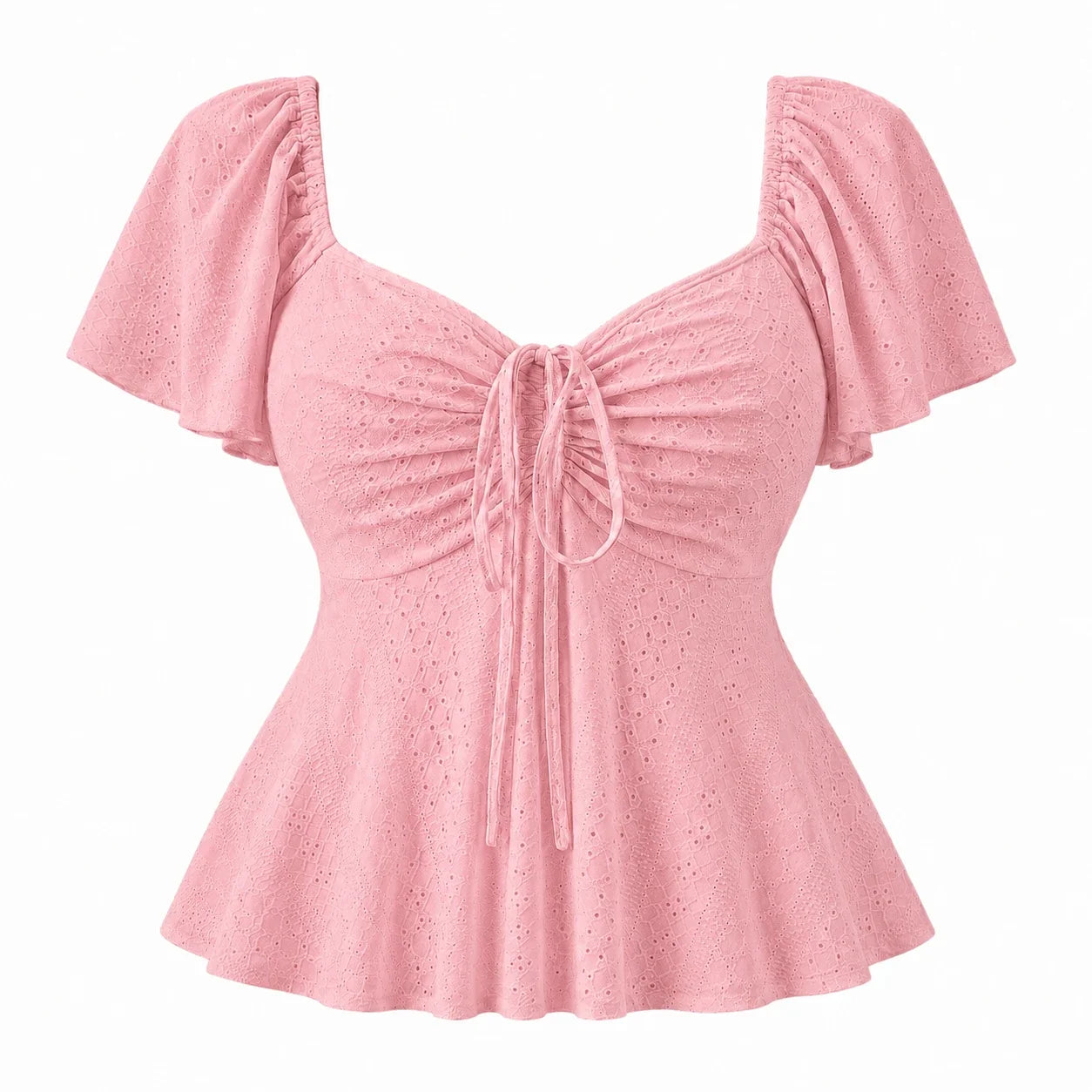 Ruched Eyelet Peplum Top WHD0606412