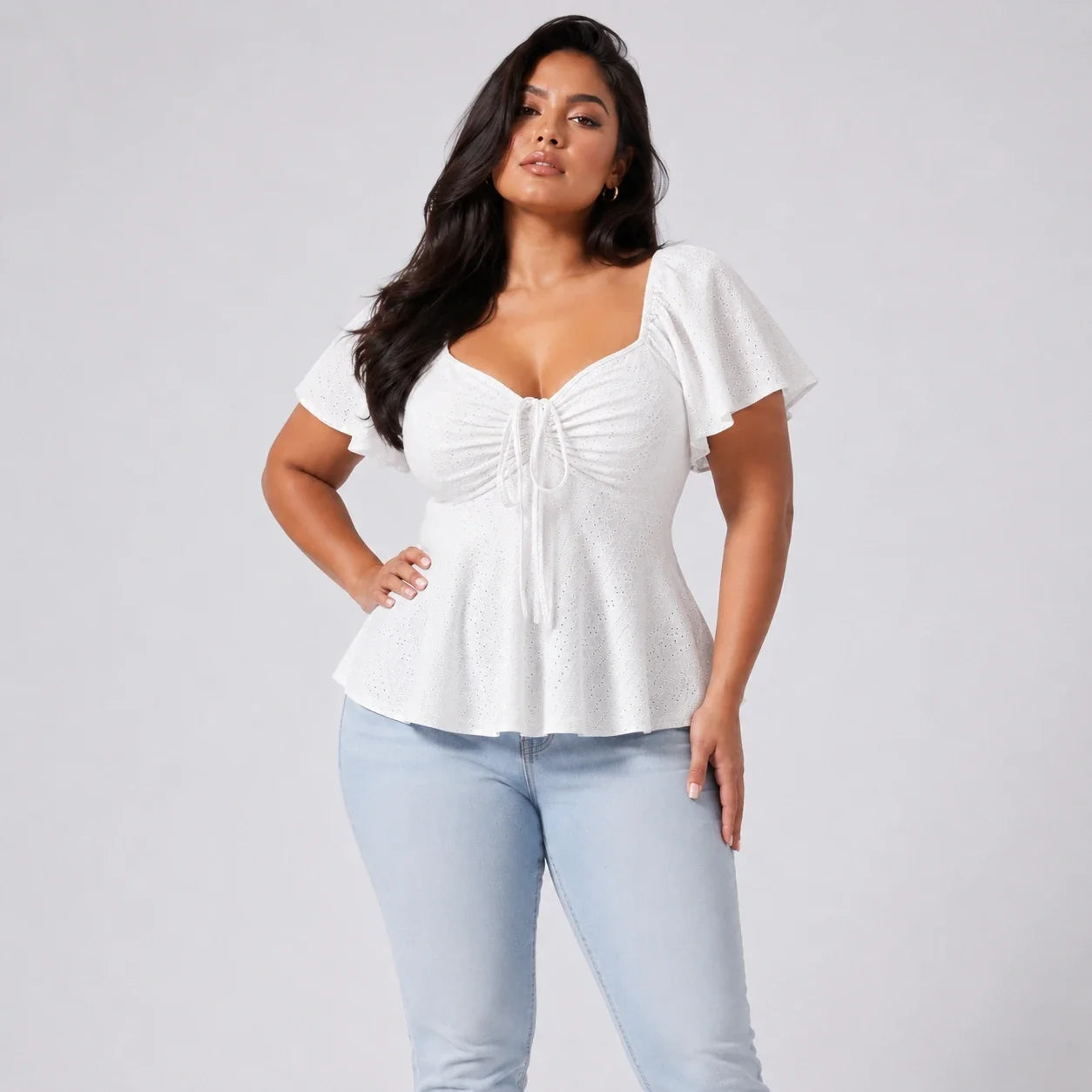 Ruched Eyelet Peplum Top WHD0606412