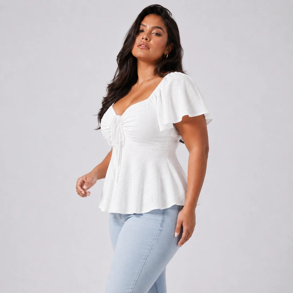 Ruched Eyelet Peplum Top WHD0606412