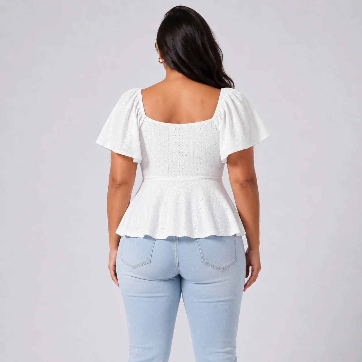 Ruched Eyelet Peplum Top WHD0606412