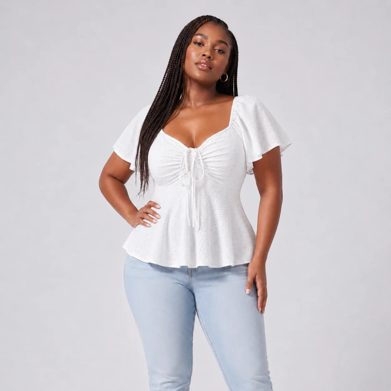 Ruched Eyelet Peplum Top WHD0606412