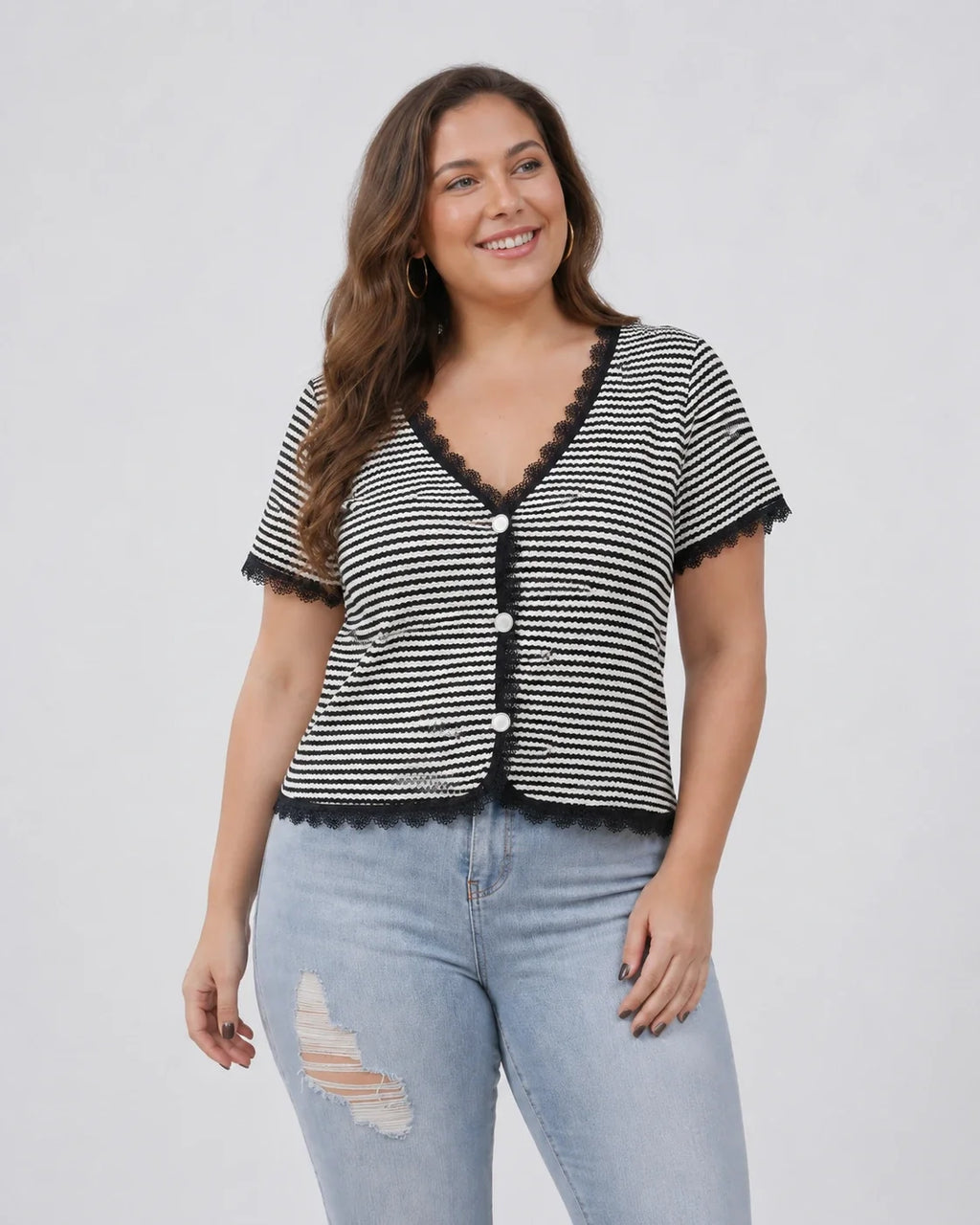 Striped Lace Trim Knit Top WHD0606413