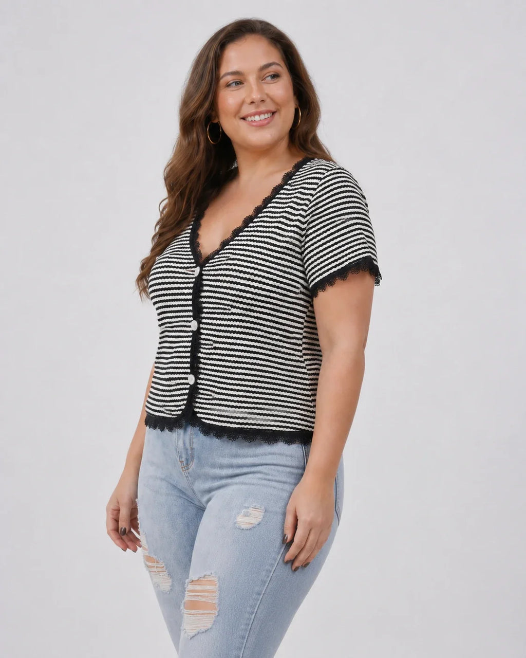 Striped Lace Trim Knit Top WHD0606413