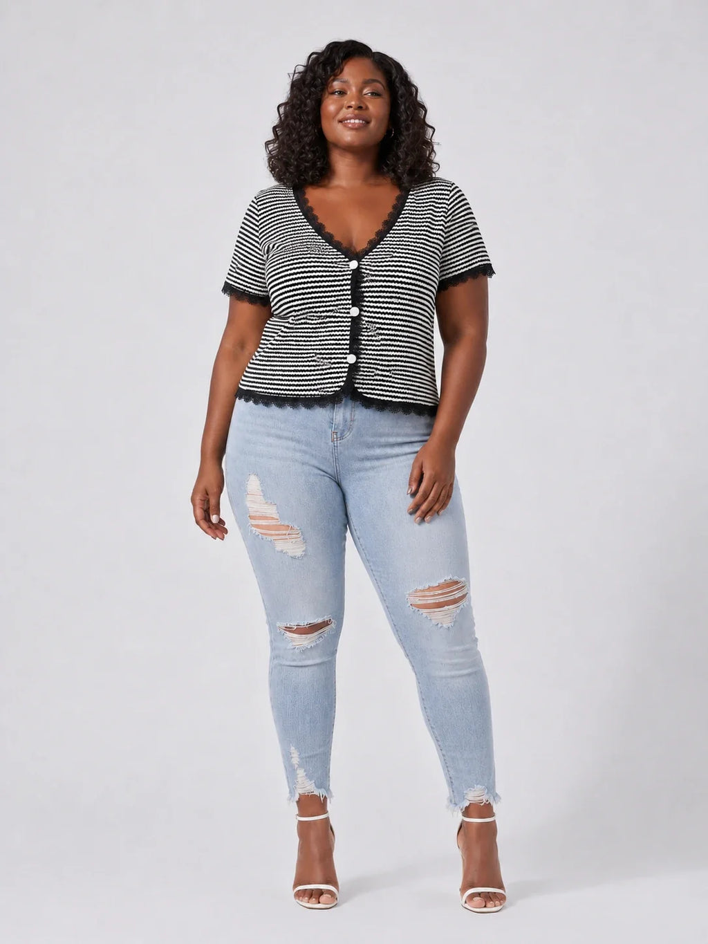 Striped Lace Trim Knit Top WHD0606413