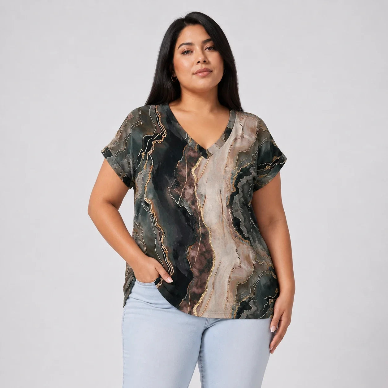 Marble Print V-Neck Tee WHD0606414