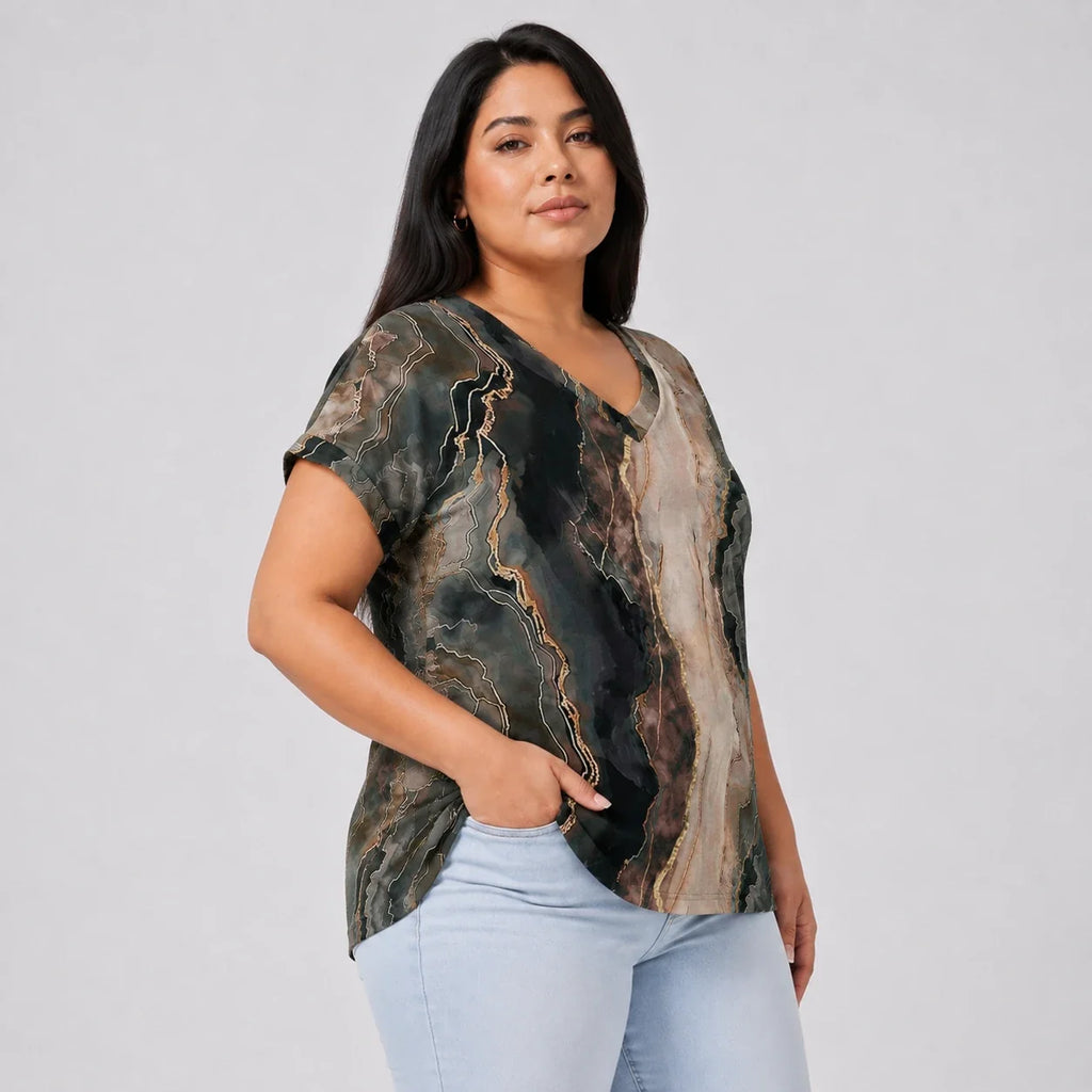 Marble Print V-Neck Tee WHD0606414