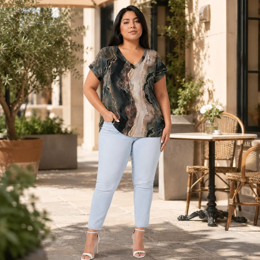 Marble Print V-Neck Tee WHD0606414