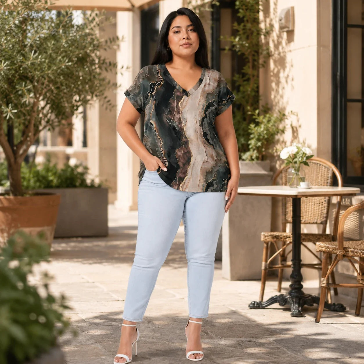 Marble Print V-Neck Tee WHD0606414