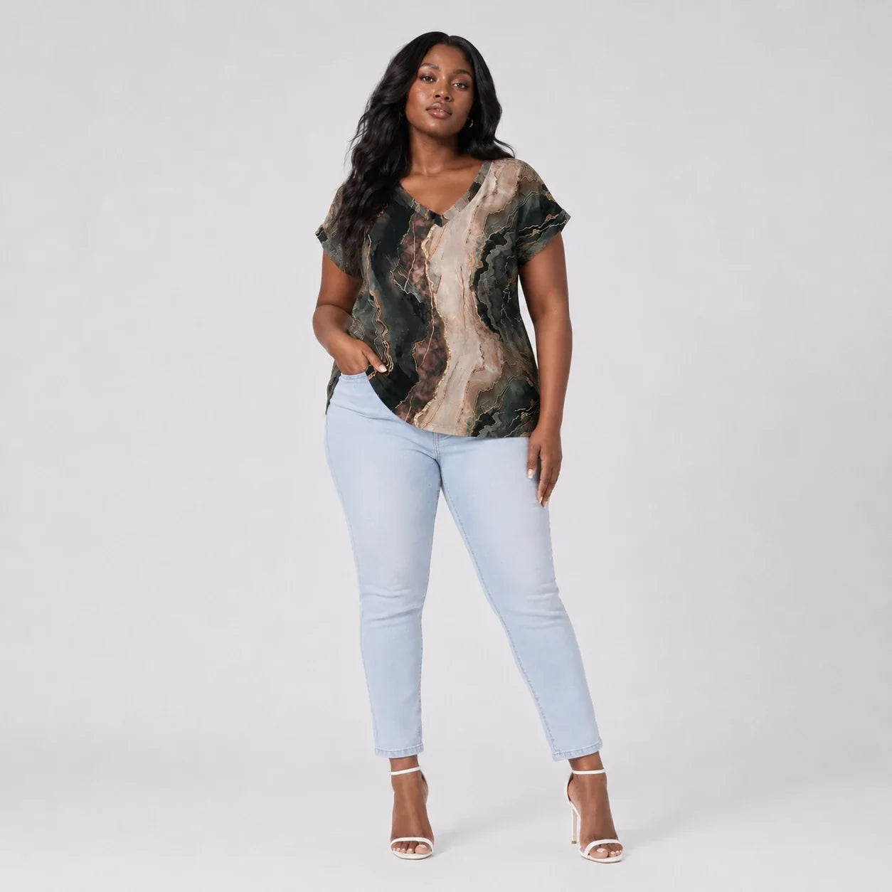 Marble Print V-Neck Tee WHD0606414
