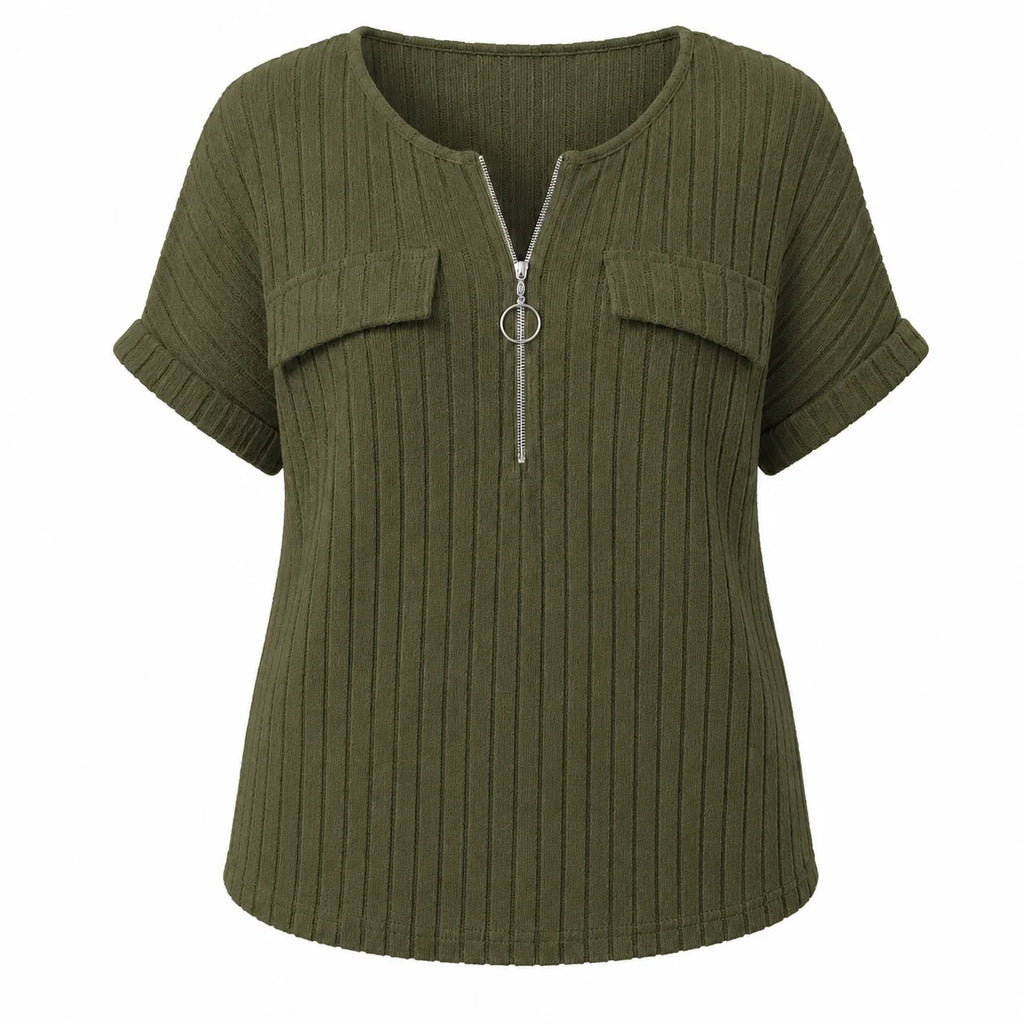 Ribbed Half-Zip Short Sleeve Top WHD0606416