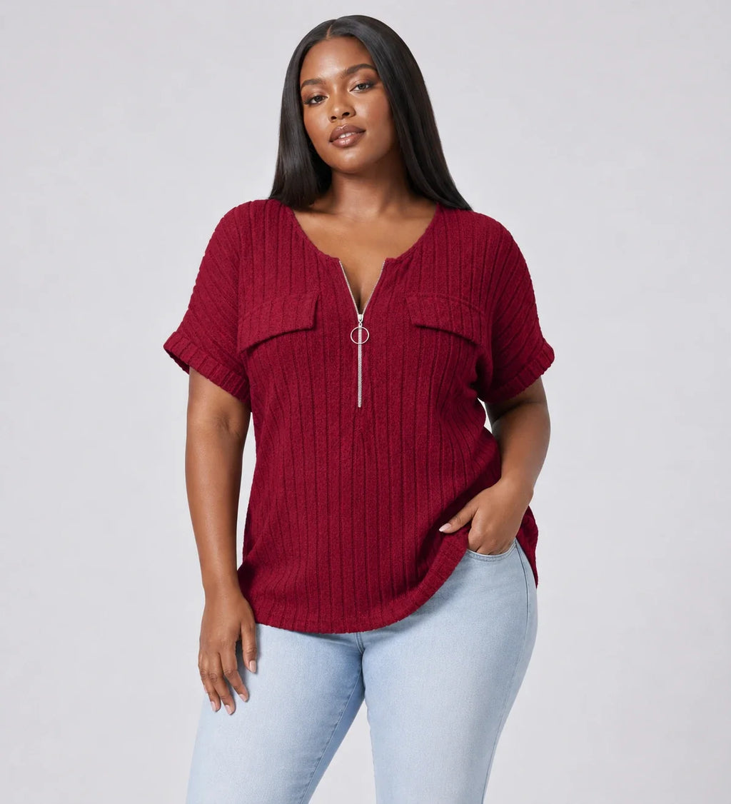 Ribbed Half-Zip Short Sleeve Top WHD0606416