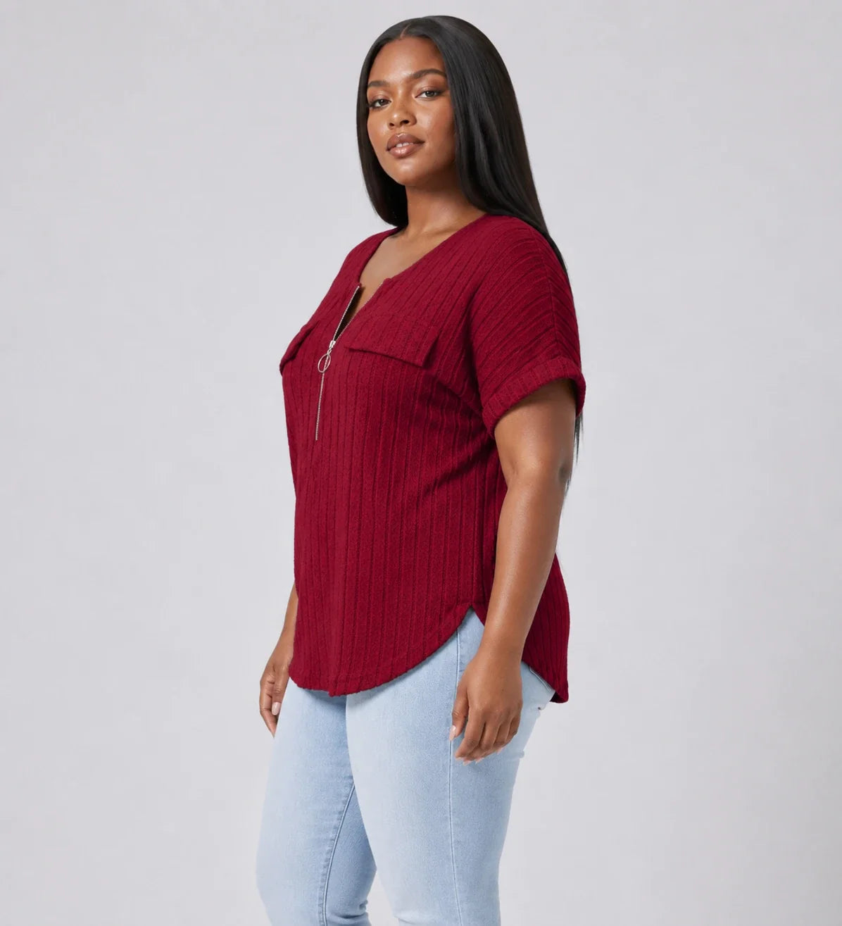 Ribbed Half-Zip Short Sleeve Top WHD0606416