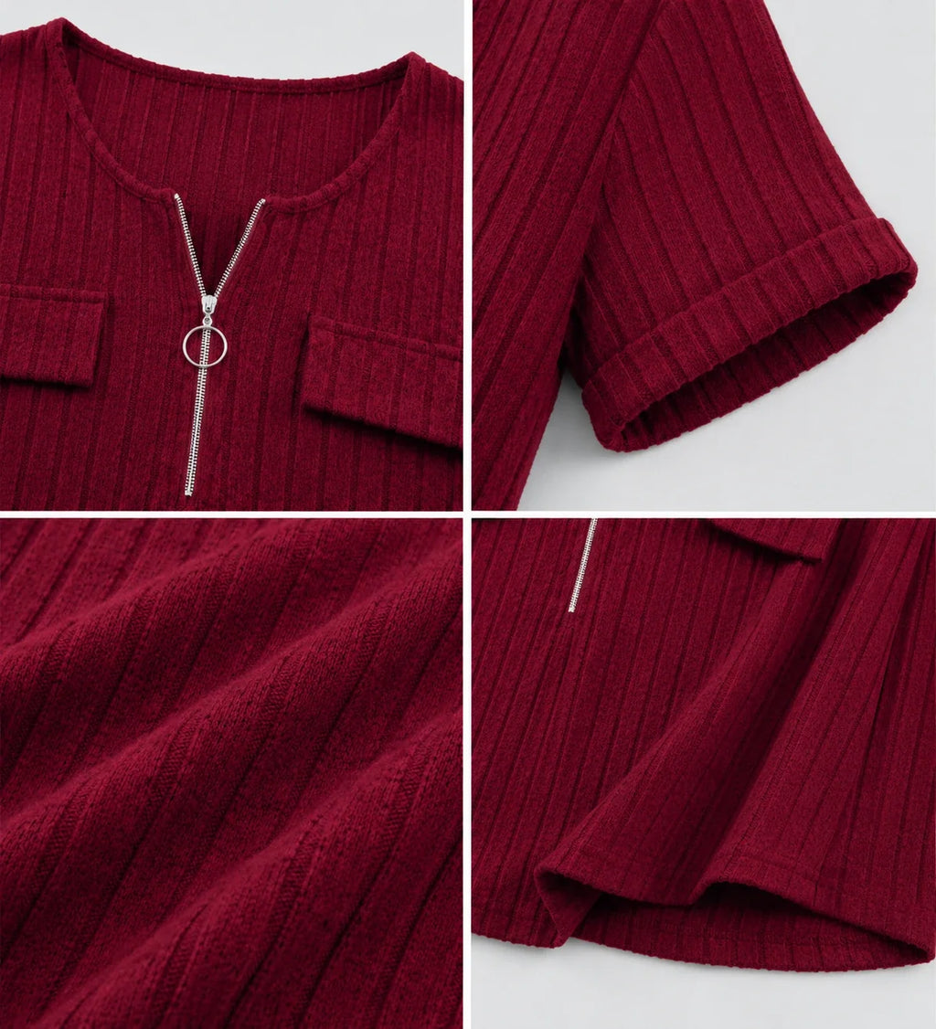 Ribbed Half-Zip Short Sleeve Top WHD0606416