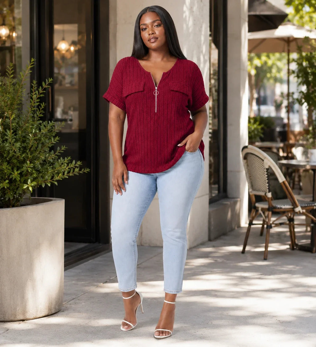 Ribbed Half-Zip Short Sleeve Top WHD0606416