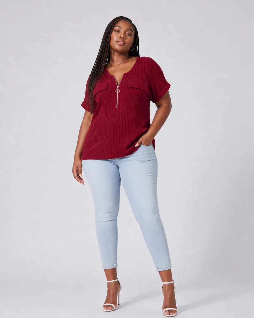 Ribbed Half-Zip Short Sleeve Top WHD0606416
