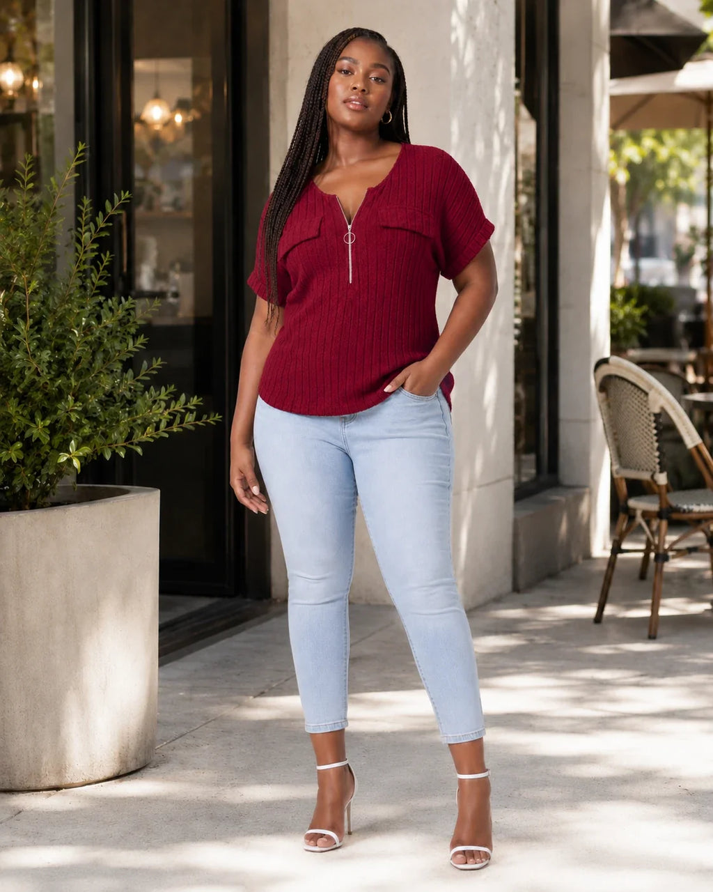 Ribbed Half-Zip Short Sleeve Top WHD0606416
