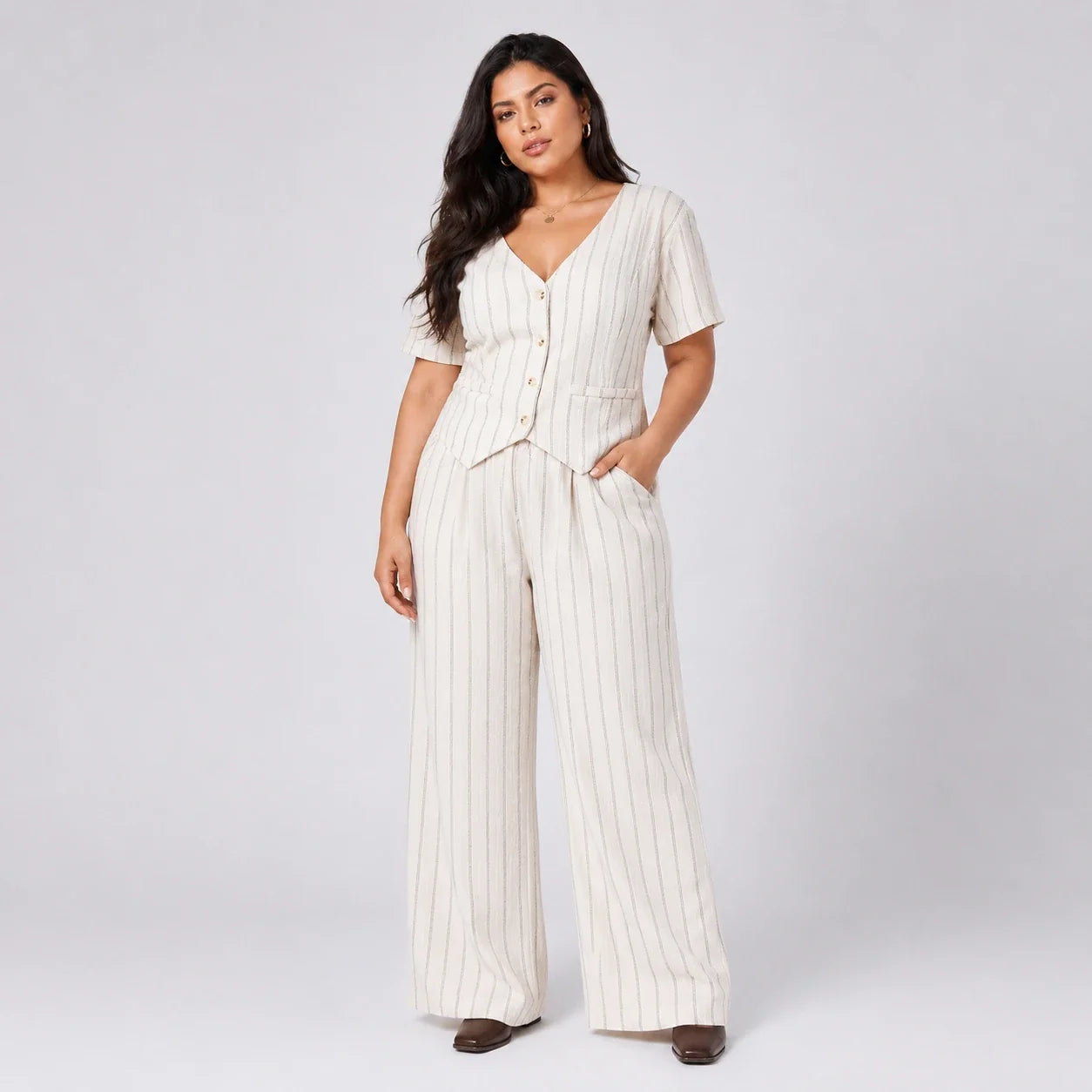 Pinstripe V-Neck Pant Set WHD0606418