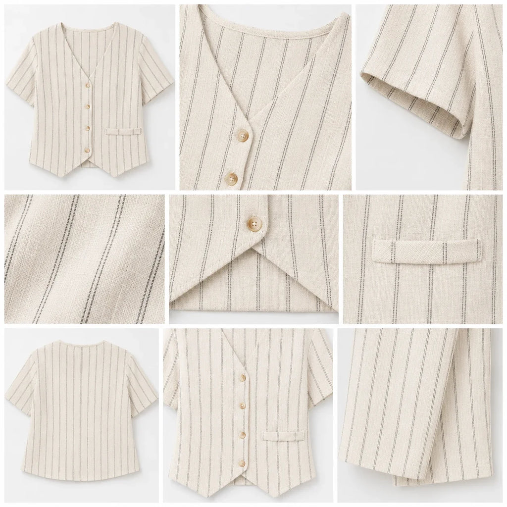 Pinstripe V-Neck Pant Set WHD0606418