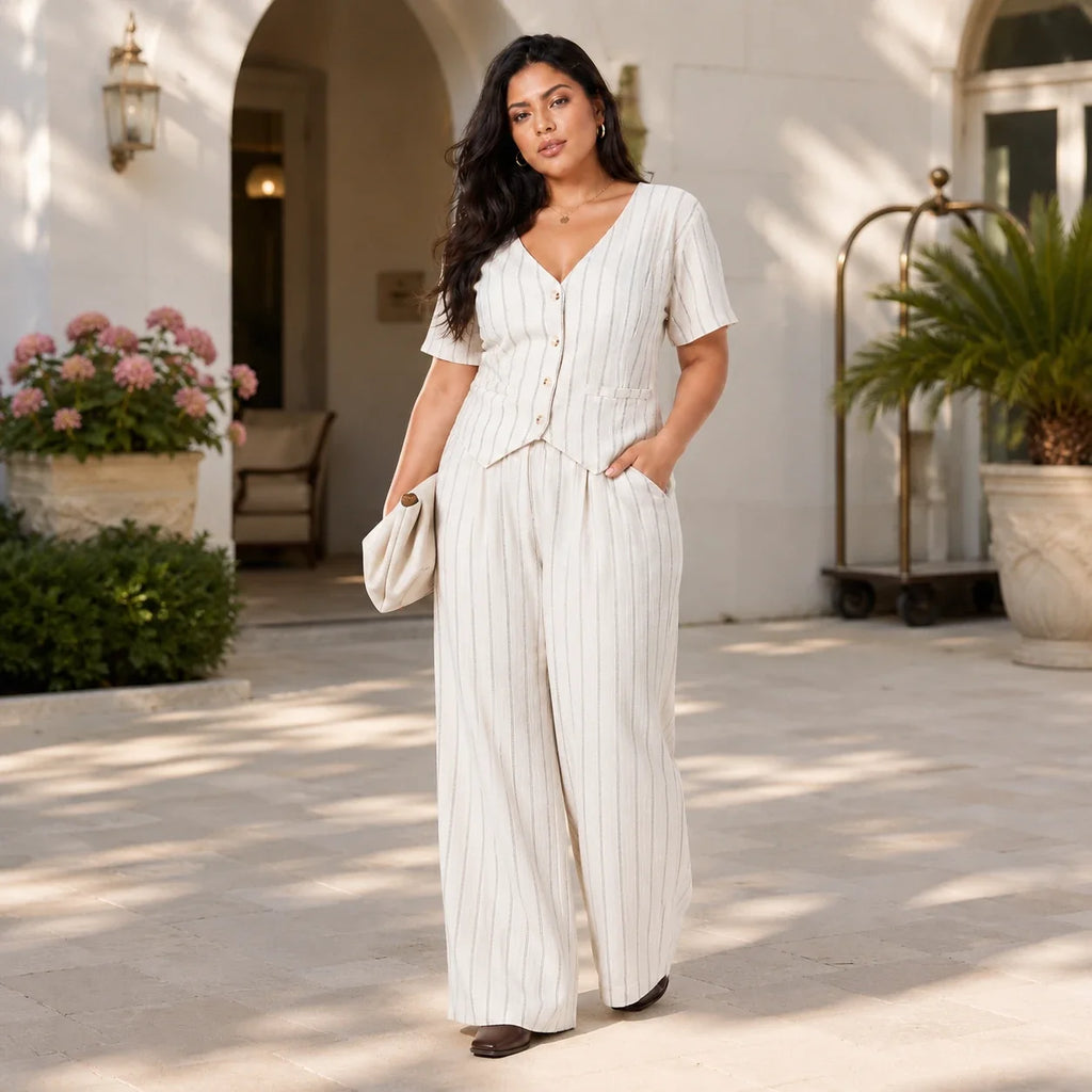 Pinstripe V-Neck Pant Set WHD0606418