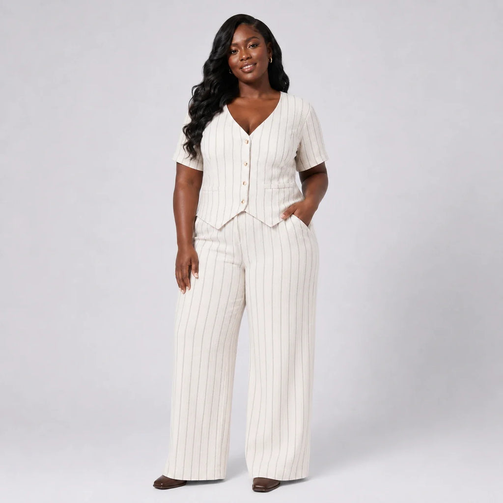 Pinstripe V-Neck Pant Set WHD0606418