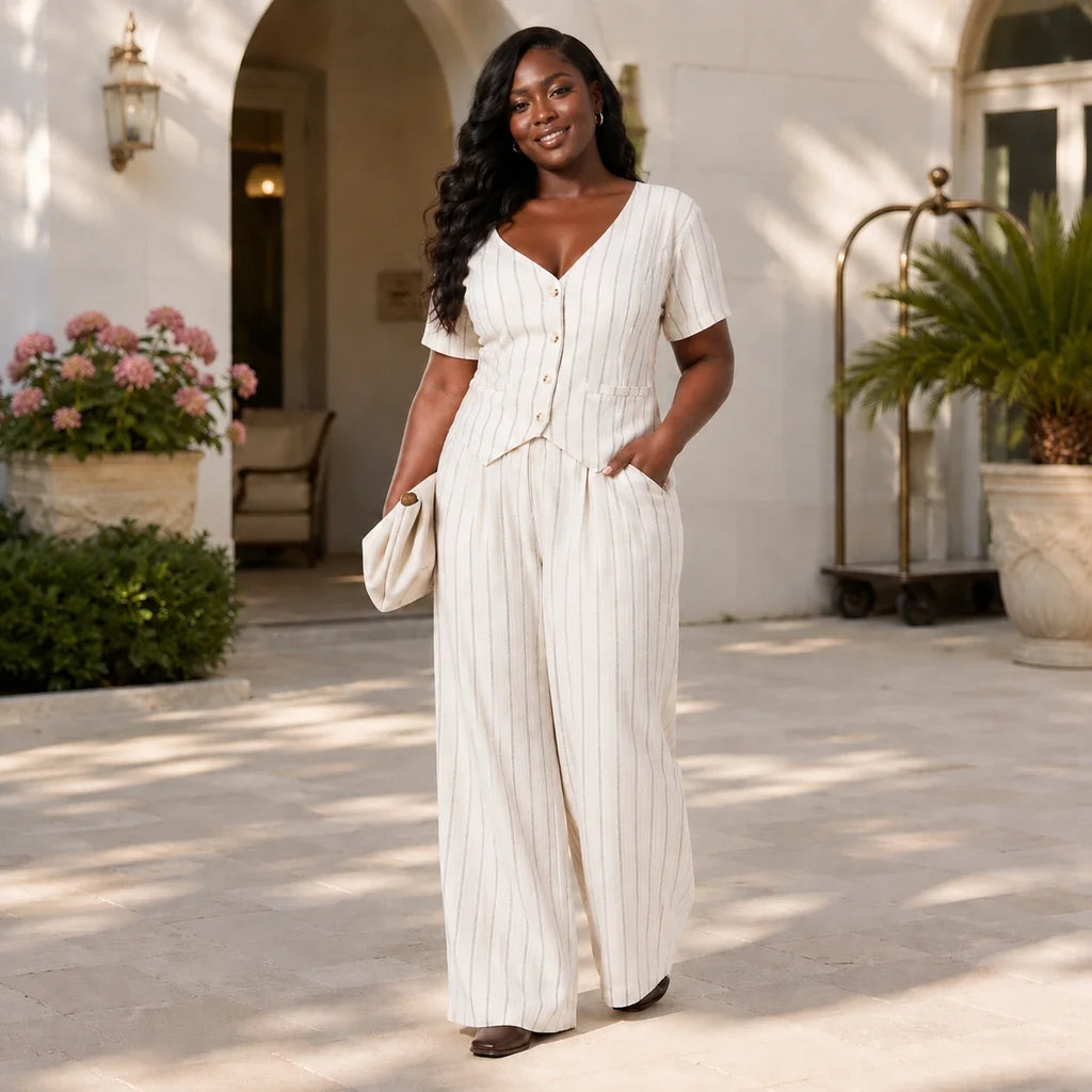 Pinstripe V-Neck Pant Set WHD0606418