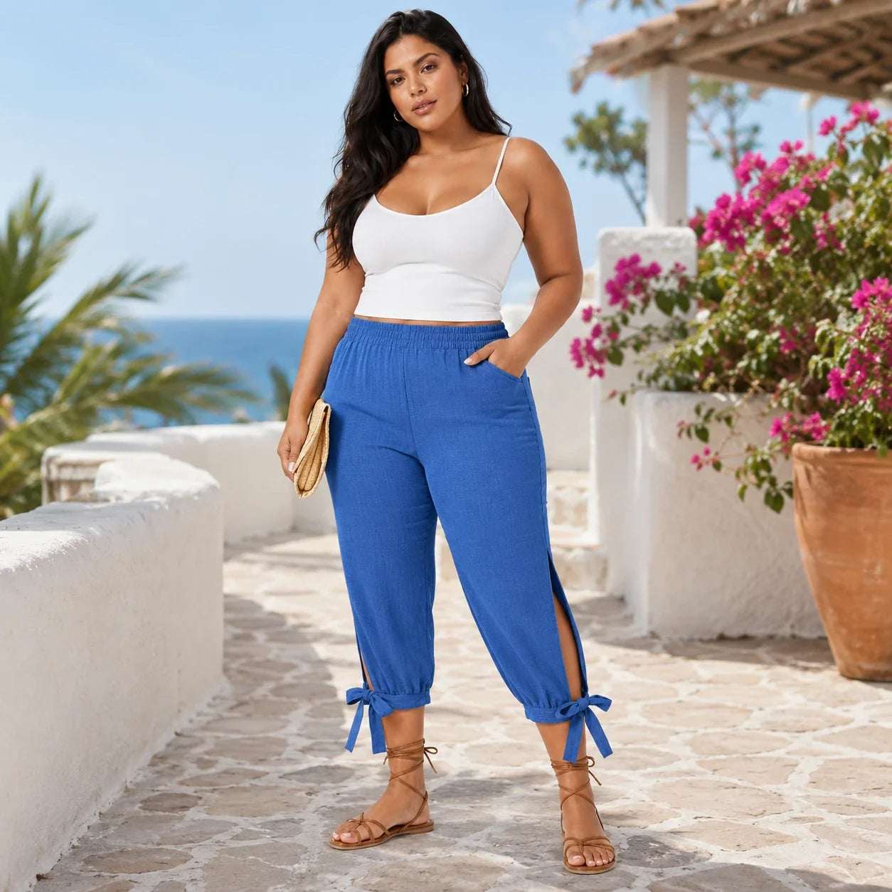 Tie Hem Capri Pants WHD0606434