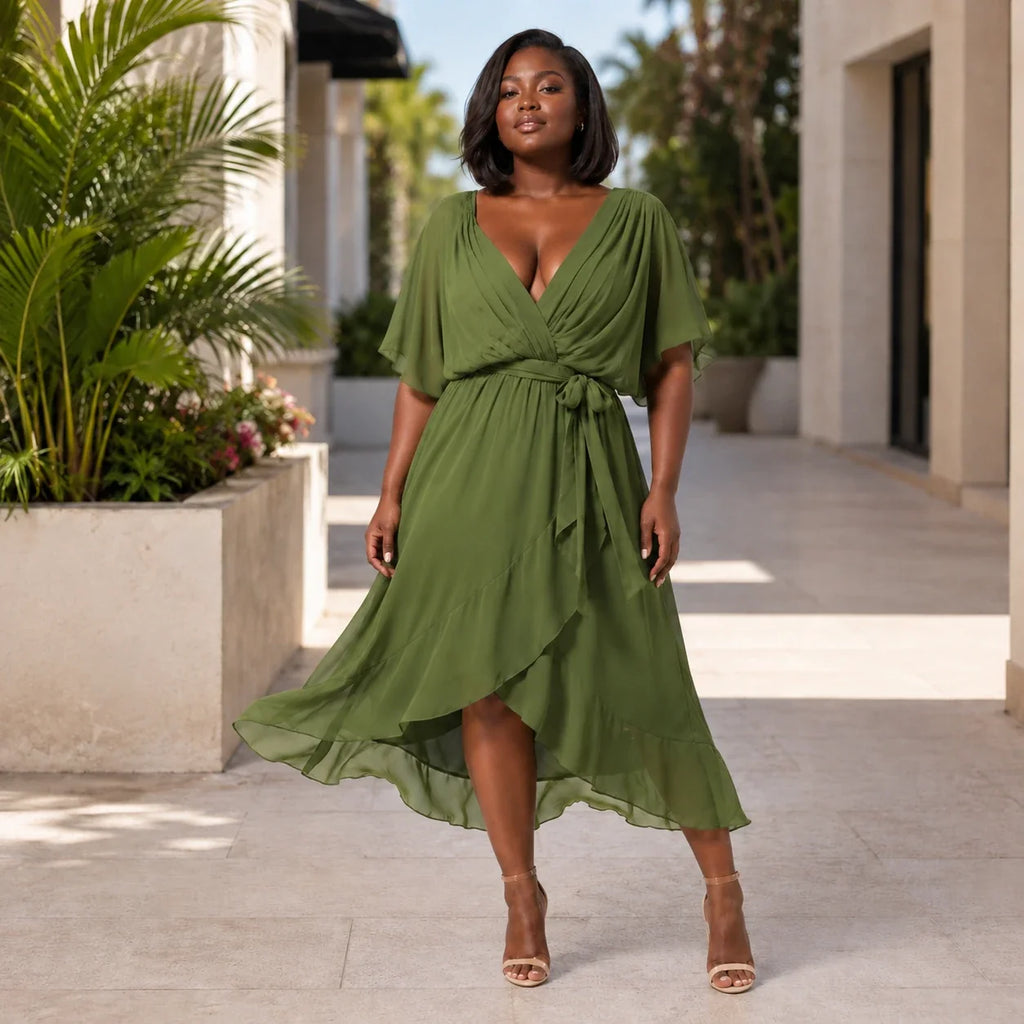 Draped Tie-Waist Midi Dress WHD0606439