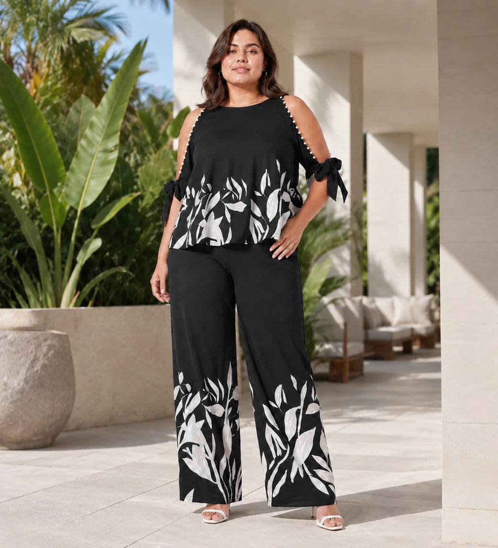 Floral Trim Wide Leg Set WHD0606448