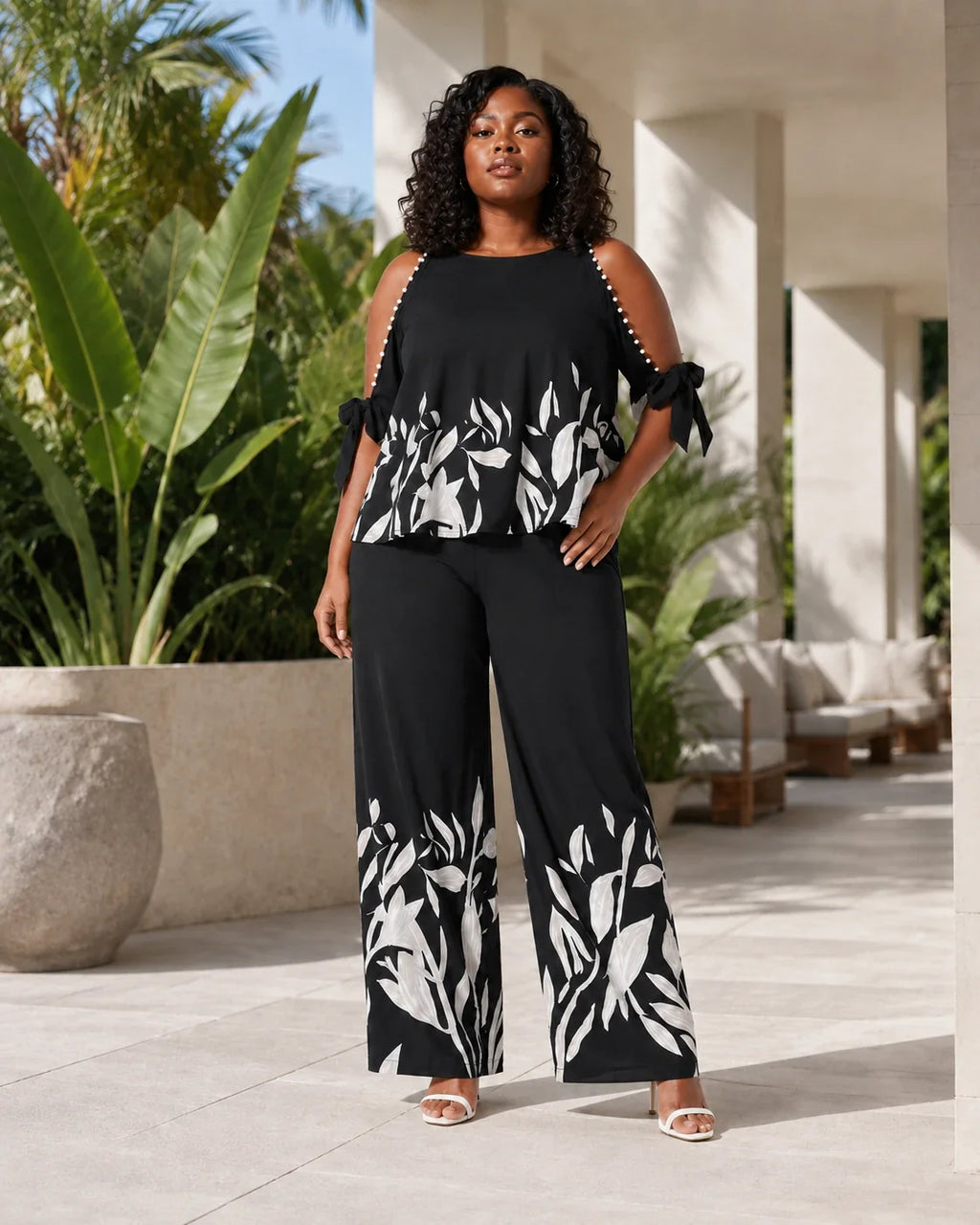 Floral Trim Wide Leg Set WHD0606448