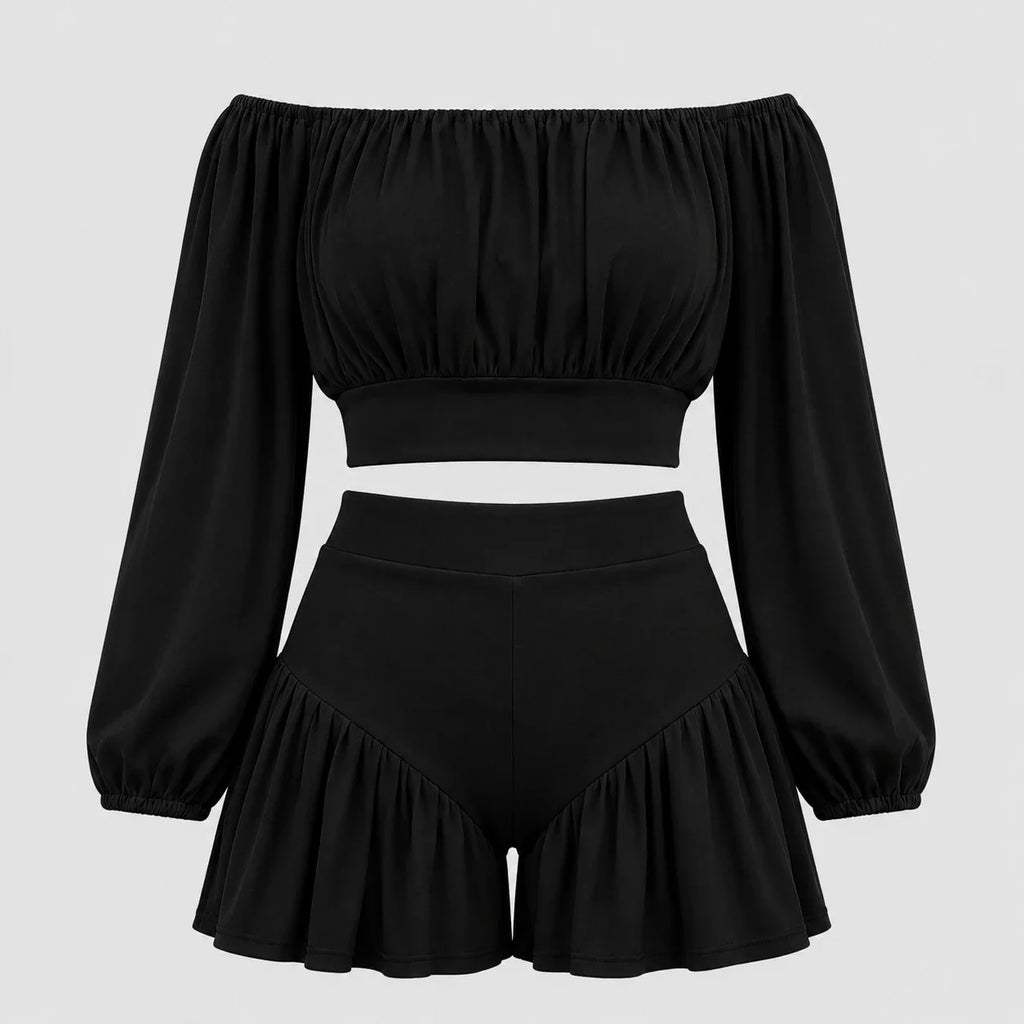 Off-Shoulder Ruffle Shorts Set WHD0606450