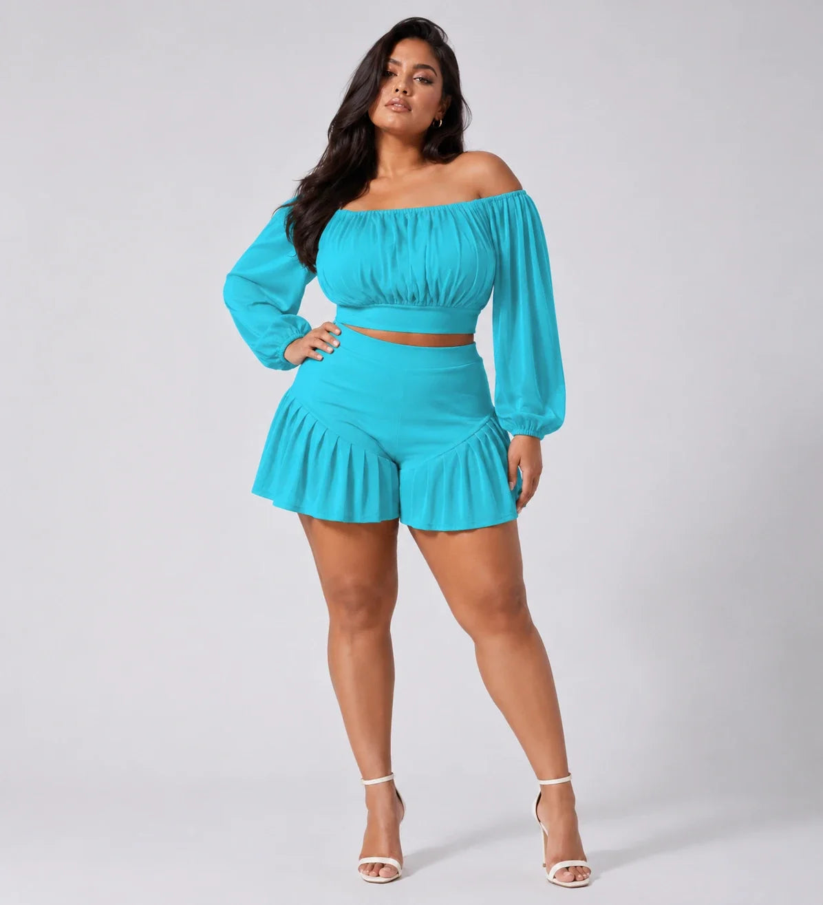 Off-Shoulder Ruffle Shorts Set WHD0606450