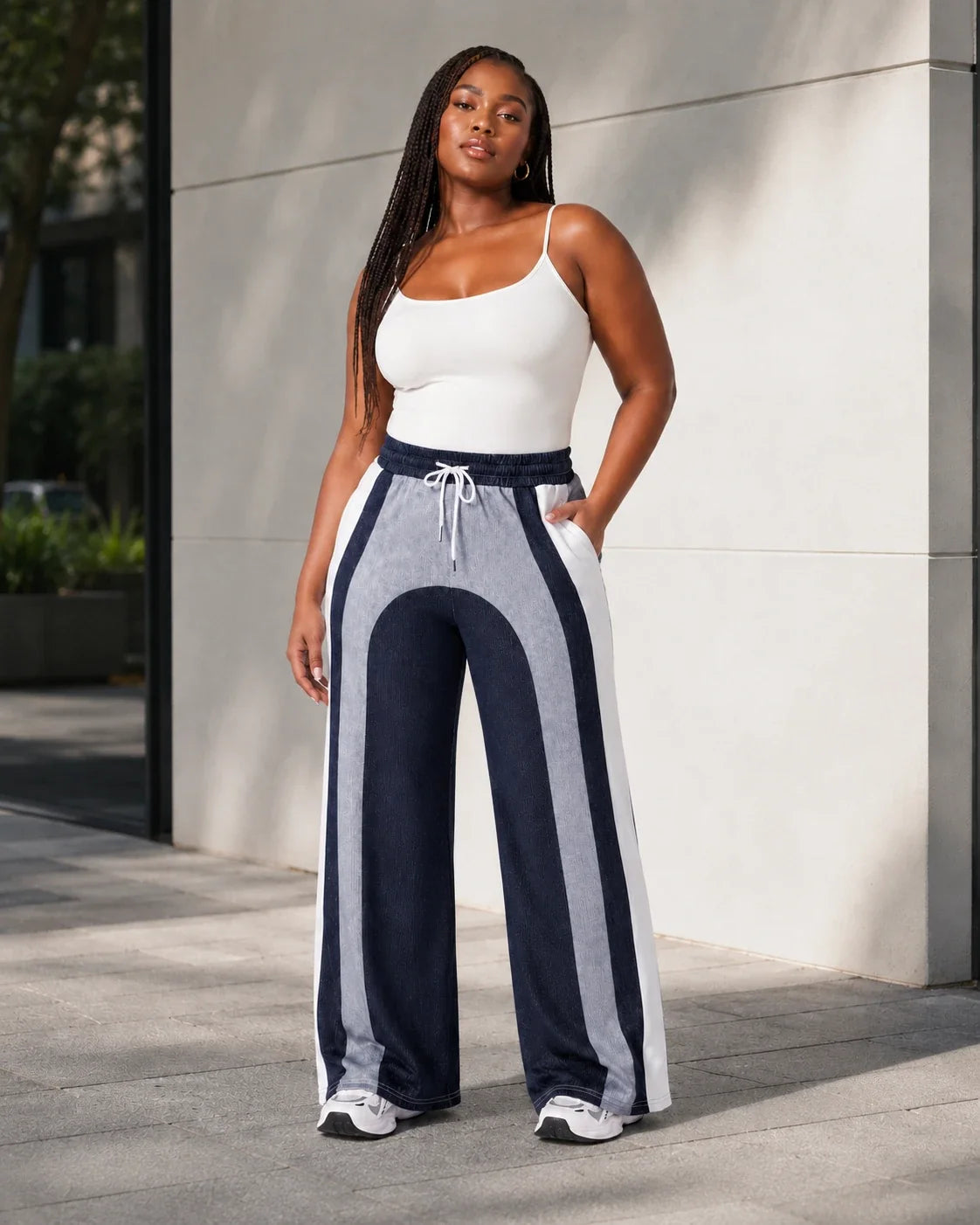 Colorblock Drawstring Wide Leg Pants WHD0606463