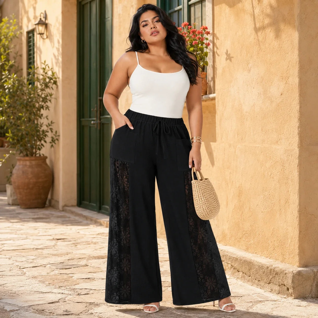 Lace Panel Wide Leg Pants WHD0606466