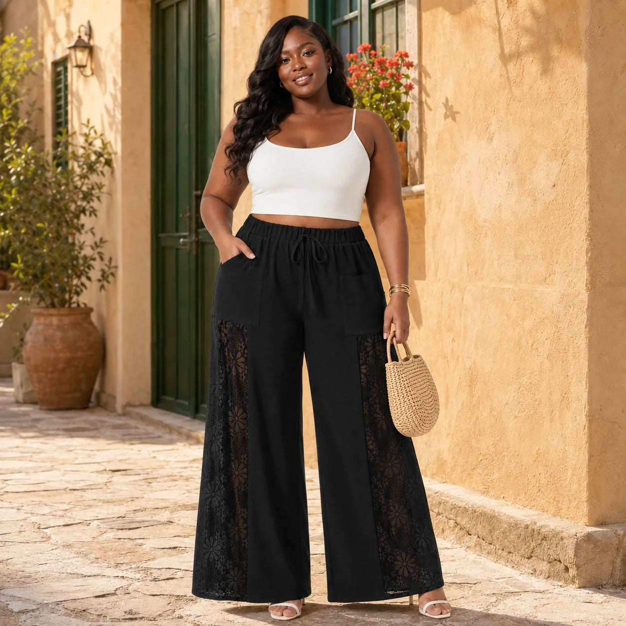 Lace Panel Wide Leg Pants WHD0606466