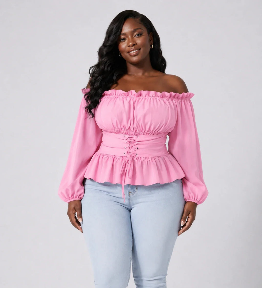 Off-Shoulder Lace-Up Peplum Top WHD0606468