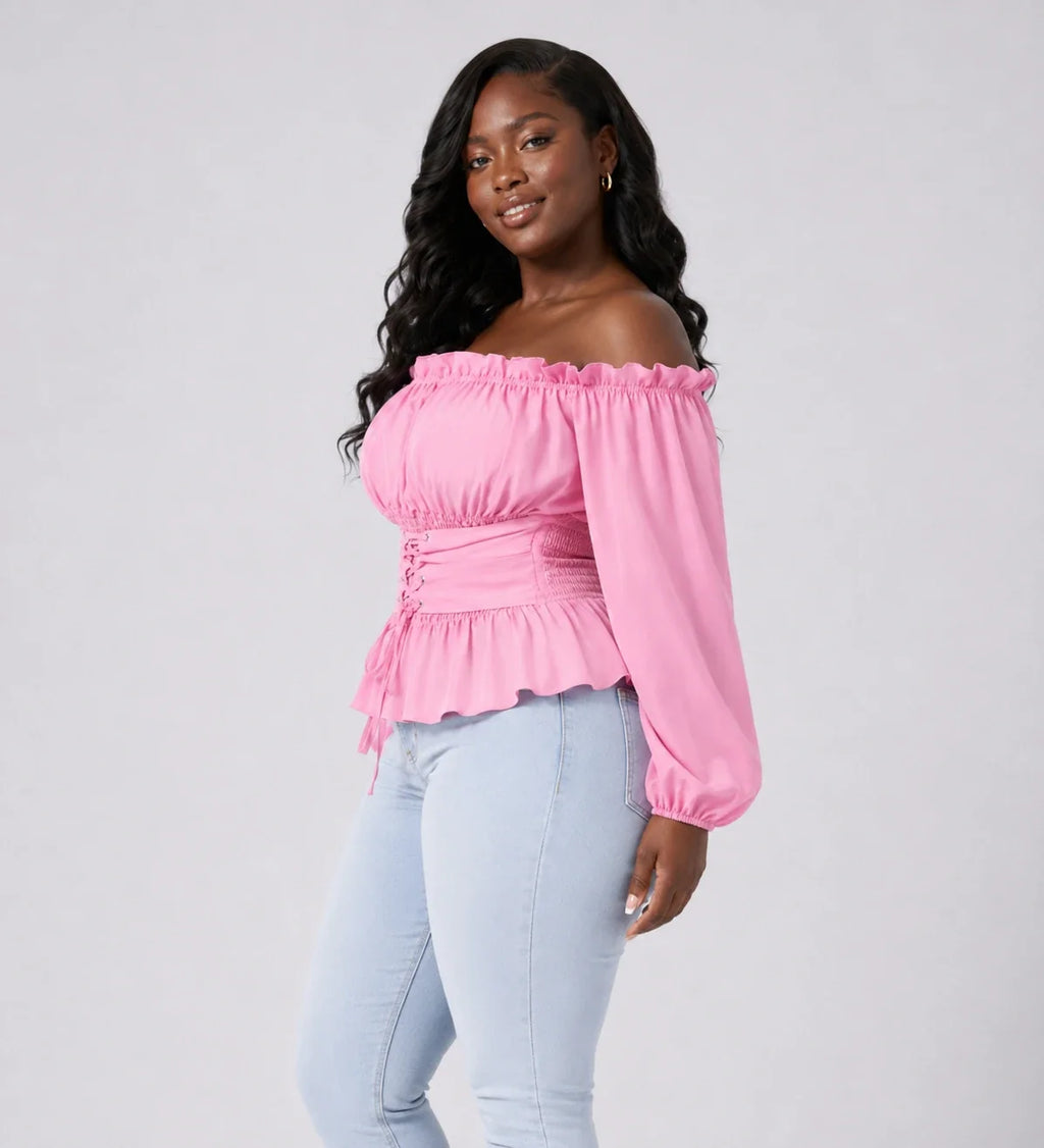 Off-Shoulder Lace-Up Peplum Top WHD0606468