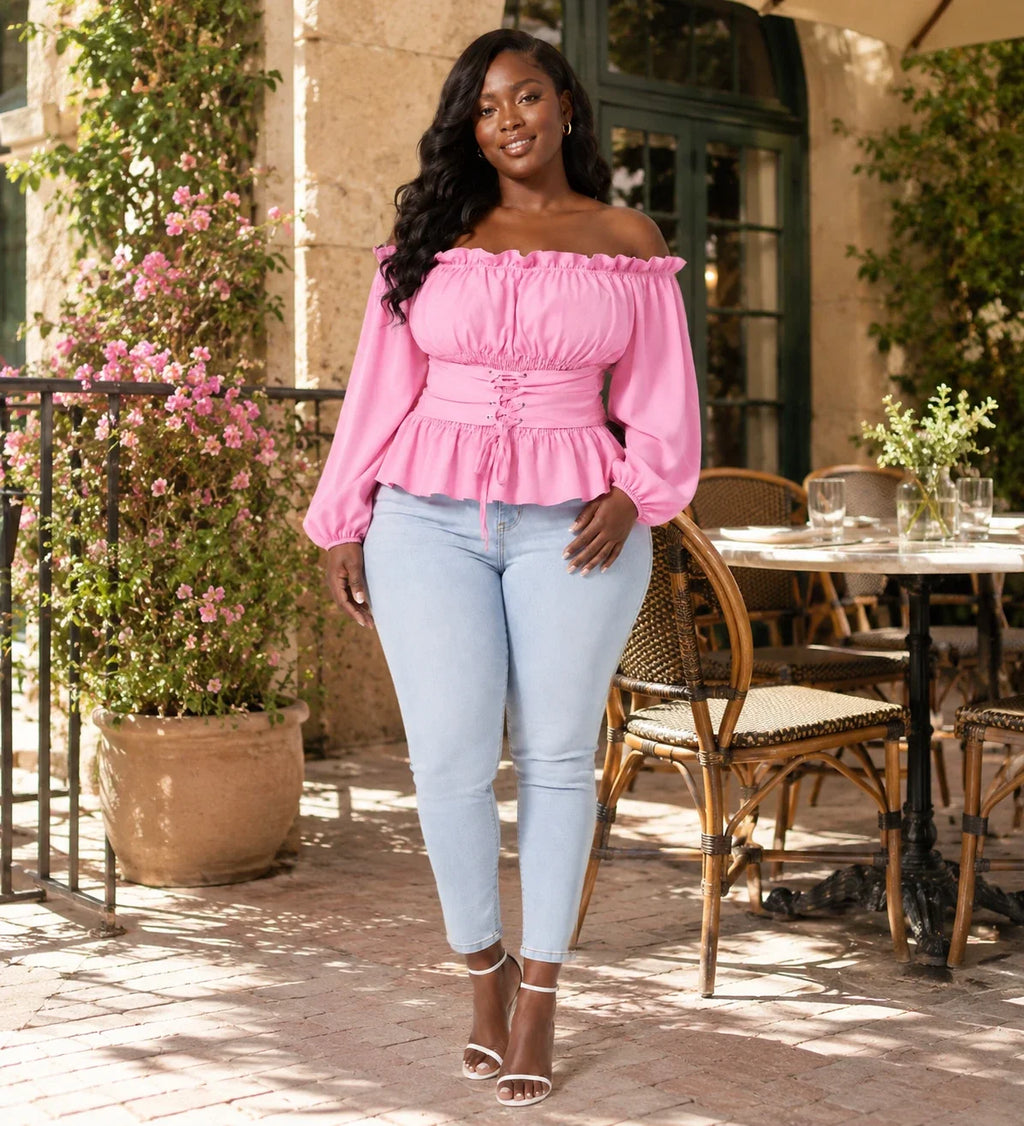 Off-Shoulder Lace-Up Peplum Top WHD0606468