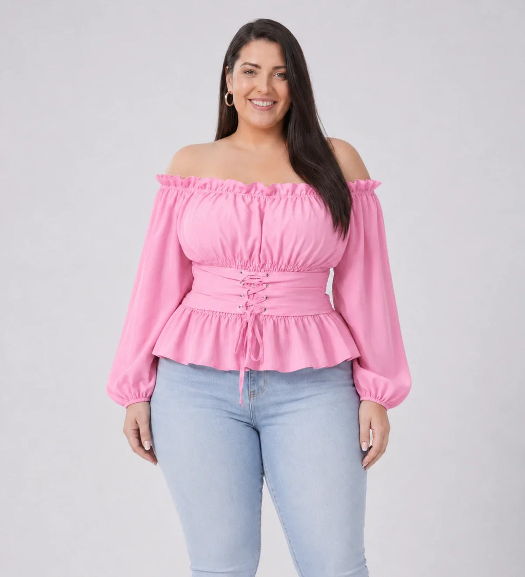 Off-Shoulder Lace-Up Peplum Top WHD0606468