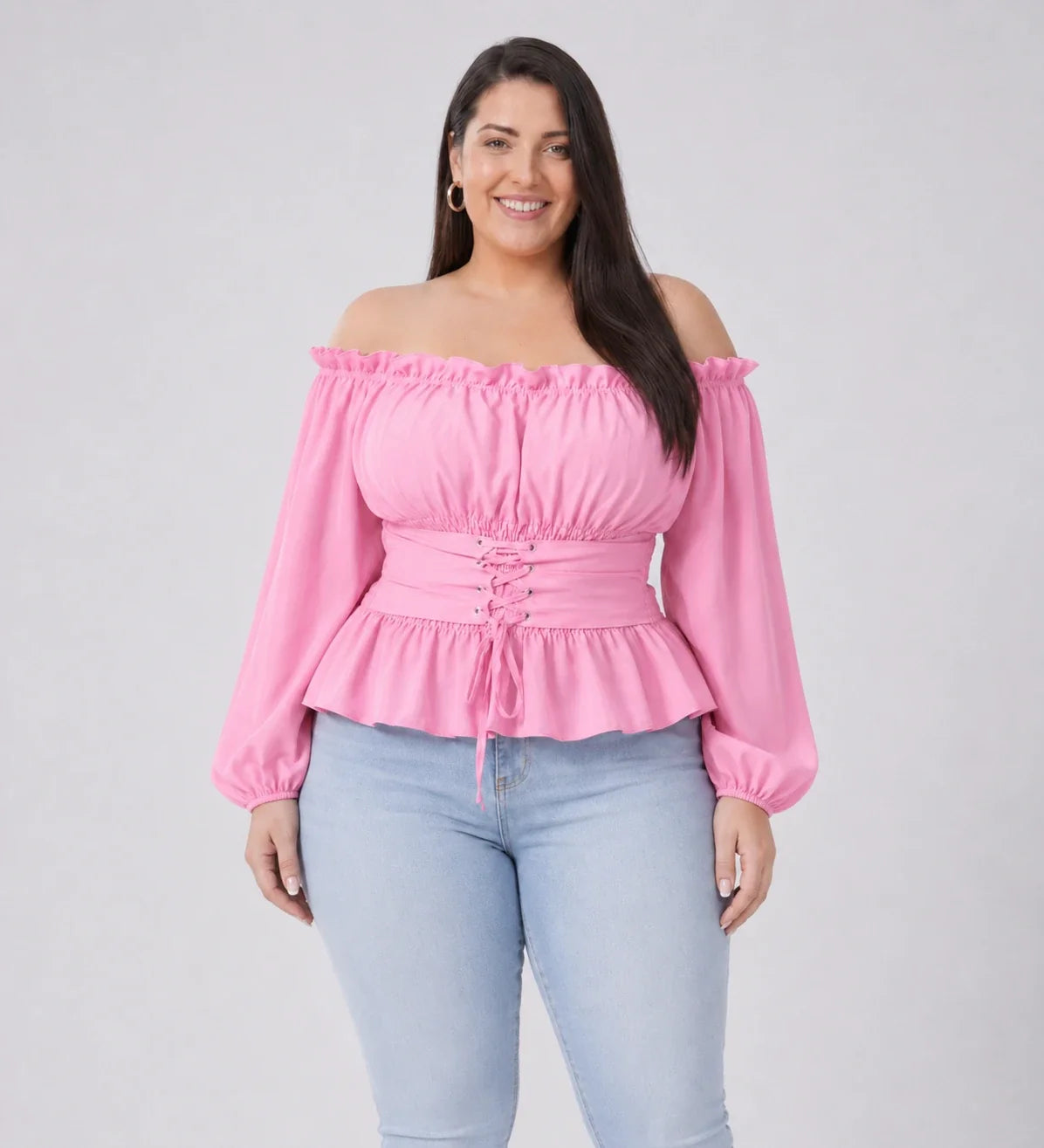 Off-Shoulder Lace-Up Peplum Top WHD0606468