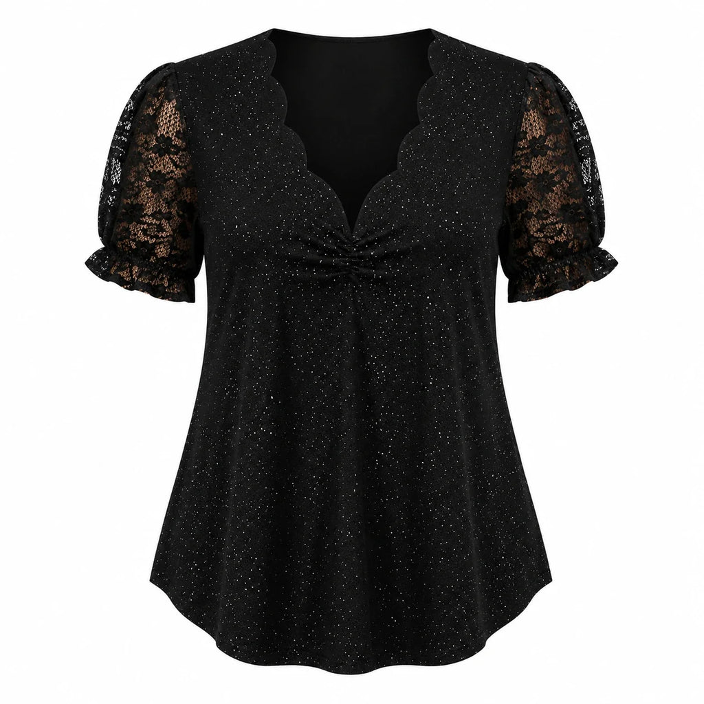 Glitter Lace Sleeve Peplum Top WHD0606472
