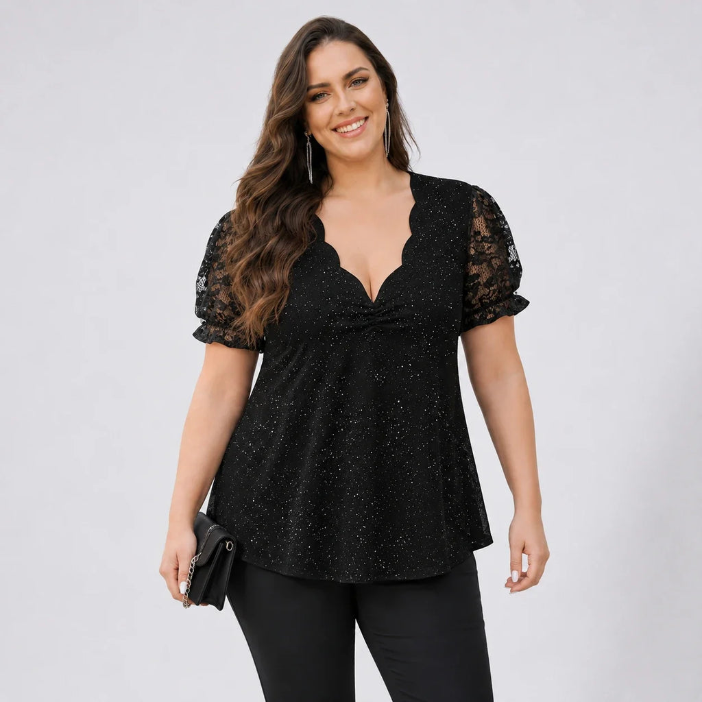 Glitter Lace Sleeve Peplum Top WHD0606472