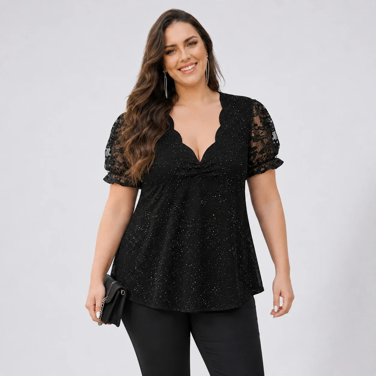 Glitter Lace Sleeve Peplum Top WHD0606472