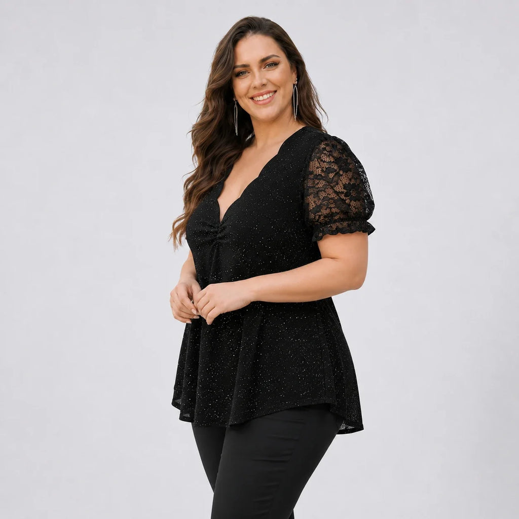 Glitter Lace Sleeve Peplum Top WHD0606472