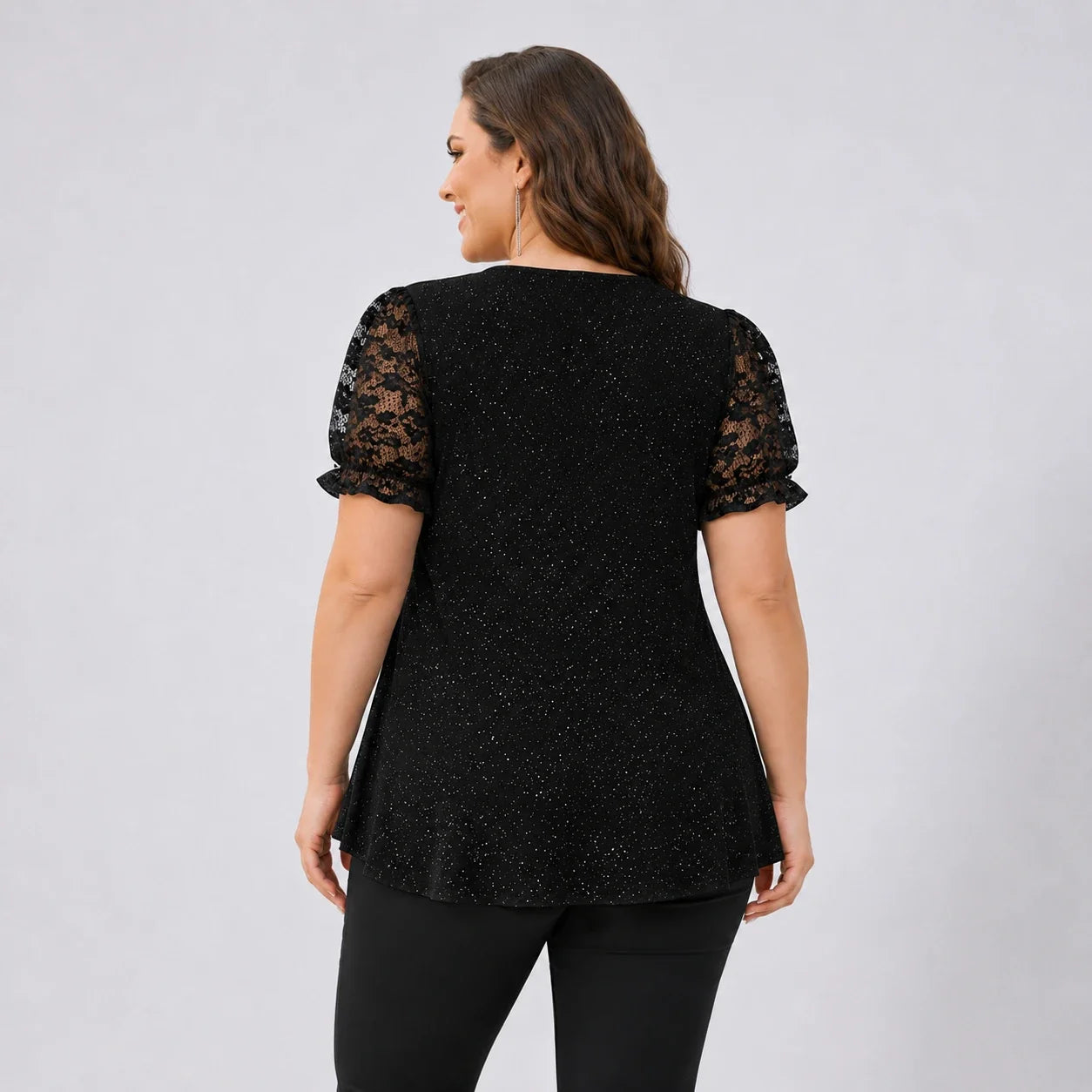 Glitter Lace Sleeve Peplum Top WHD0606472