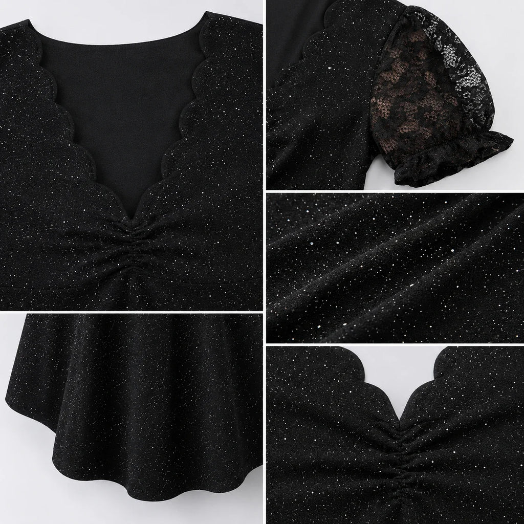 Glitter Lace Sleeve Peplum Top WHD0606472
