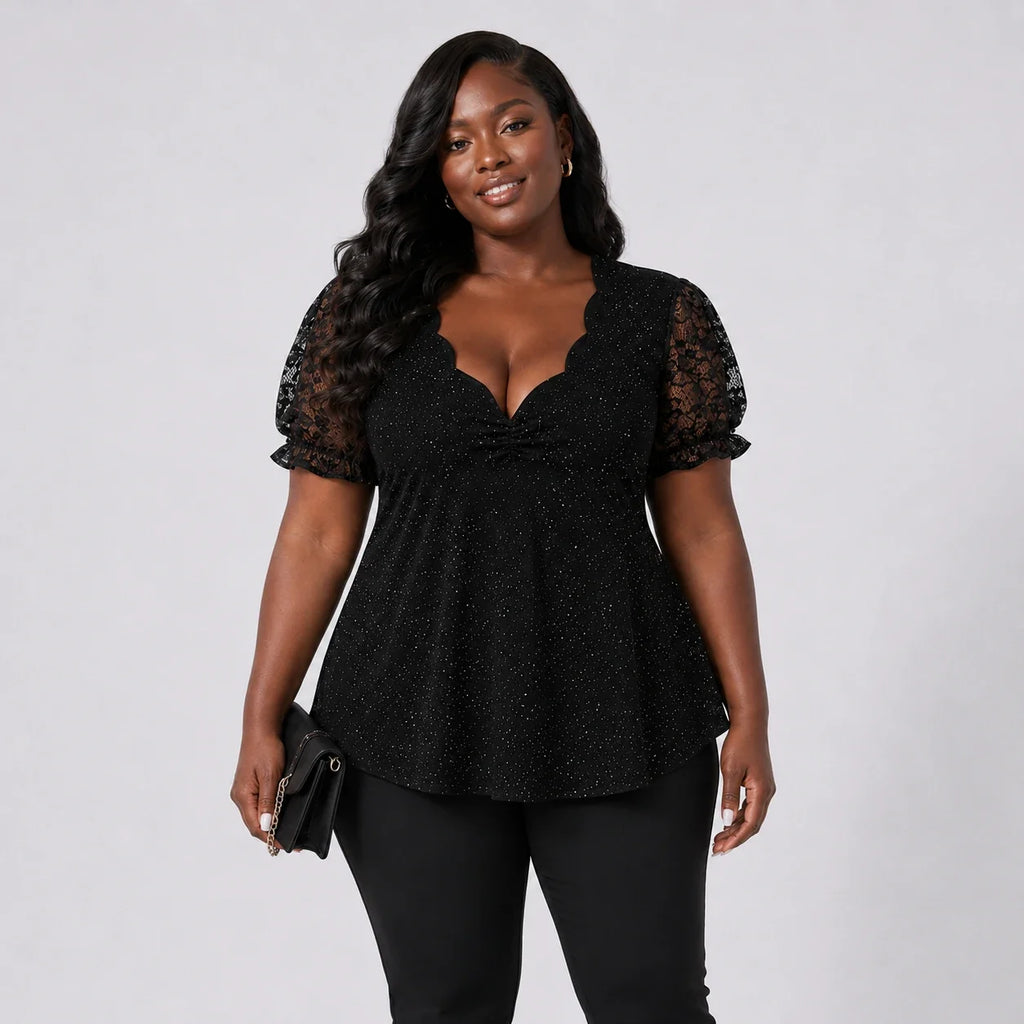 Glitter Lace Sleeve Peplum Top WHD0606472