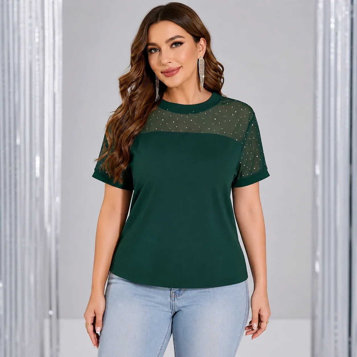 Rhinestone Mesh Yoke Top WHD0606473